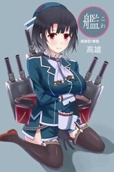  1girl arm_under_breasts bangs beret black_gloves black_hair blue_headwear breasts closed_mouth gloves grey_background hat high_collar highres kantai_collection large_breasts lynx.shrike military military_uniform red_eyes short_hair takao_(kantai_collection) uniform white_neckwear 