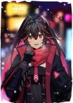  1girl :d absurdres bangs black_gloves black_hair blurry blurry_background blush earrings gloves hair_between_eyes highres jewelry long_hair long_sleeves looking_at_viewer lucia_(punishing:_gray_raven) mek merry_christmas night night_sky open_mouth outdoors punishing:_gray_raven red_eyes red_scarf scarf sky smile snow snowing solo twintails 