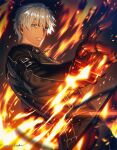  1boy blue_eyes cross cross_necklace dark-skinned_male dark_skin dated fire gloves jacket jewelry k&#039;_(kof) kuren leather leather_jacket male_focus necklace open_clothes open_jacket signature single_glove solo the_king_of_fighters white_hair 