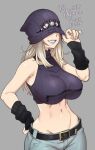  1girl agawa_ryou artist_name breasts clenched_teeth dated grey_background hat large_breasts long_hair navel original platinum_blonde_hair simple_background smile solo teeth 