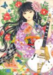  1girl black_hair brown_hair bug butterfly camellia floating_hair floral_print flower gretsch guitar hair_flower hair_ornament highres holding holding_instrument instrument japanese_clothes kimono long_hair looking_at_viewer nadeshiko_rin original smile traditional_media 