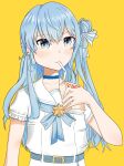  absurdres belt blue_eyes blue_hair carton dress drink drinking_straw drinking_straw_in_mouth highres holding holding_drink hololive hoshimachi_suisei school_uniform skirt white_dress white_skirt yellow_background 