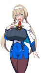  1girl absurdres angry black_legwear blonde_hair blue_dress blush breasts capelet curvy dress green_eyes hairband hayakawakenn highres huge_breasts long_sleeves low_twintails military military_uniform mitsuba_greyvalley open_mouth solo super_robot_wars super_robot_wars_30 tied_hair twintails uniform white_capelet white_hairband 
