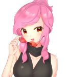  1girl :d bangs bare_arms blush commentary_request hand_up holding holding_eyewear looking_at_viewer malva_(pokemon) open_mouth orange-tinted_eyewear pink_hair pokemon pokemon_(game) pokemon_xy scarf shiny shiny_hair sidelocks sleeveless smile solo sunglasses swept_bangs takahara tinted_eyewear tongue upper_body 