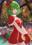  1girl absurdres anima_miko bangs bow box capelet christmas christmas_tree closed_mouth eyebrows_visible_through_hair gift gift_box gloves green_hair hair_bow highres kazami_yuuka looking_at_viewer plaid plaid_bow red_bow red_capelet red_eyes santa_costume santa_gloves short_hair smile snowflakes solo standing touhou v_arms 