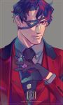  1boy black_gloves black_hair black_shirt closed_mouth collared_shirt dice earrings eyepatch formal gloves highres holding holding_dice jewelry looking_at_viewer male_focus necktie one_eye_covered original red_eyes red_suit red_vest reisei_zero shirt short_hair solo suit upper_body vest 