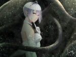  1girl artist_name blurry bokeh breasts dated depth_of_field dress elbow_gloves gloves hisayuki looking_at_viewer medium_breasts niggurath_the_ancient_tree_branch outdoors pixiv_fantasia pixiv_fantasia_last_saga pointy_ears short_hair solo upper_body violet_eyes white_dress white_gloves white_hair 