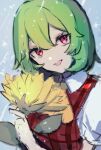  1girl :d ascot eyebrows_behind_hair flower green_hair hair_between_eyes head_tilt highres holding holding_flower kazami_yuuka looking_at_viewer one-hour_drawing_challenge plaid plaid_vest red_eyes short_hair simple_background smile solo sunflower touhou una_(una_o_0) upper_body vest wing_collar yellow_ascot yellow_flower 