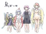  4girls animal_ears aqua_hair arm_up barefoot bird_ears bird_wings black_dress blonde_hair blush butterfly_wings closed_eyes closed_mouth collarbone dress eternity_larva eyebrows_visible_through_hair fairy feathered_wings full_body hair_between_eyes height_difference multicolored_hair multiple_girls mystia_lorelei niwatari_kutaka open_mouth pink_hair rangycrow red_wings redhead shirt short_hair short_sleeves simple_background smile spaghetti_strap tokiko_(touhou) touhou two-tone_hair white_background white_hair white_shirt wings yellow_wings 