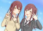 2girls absurdres beige_sweater blue_neckwear brown_eyes brown_hair collared_shirt eyebrows_visible_through_hair from_above gradient gradient_background grey_jacket hair_between_eyes hands_clasped highres idolmaster idolmaster_shiny_colors jacket long_hair looking_at_viewer multiple_girls one_eye_closed oosaki_amana oosaki_tenka open_mouth own_hands_together plaid plaid_skirt pleated_skirt ponytail sasakamaboko school_uniform shirt siblings sidelocks skirt standing straight_hair striped striped_neckwear twins v white_shirt 