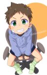  1boy bandage_on_face bandages chair chiisatotakatoh child commentary_request green_eyes highres hood hoodie looking_at_viewer looking_up original short_hair shorts sitting solo striped striped_legwear 