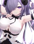  1girl armpits august_von_parseval_(azur_lane) azur_lane between_breasts black_bow black_dress bow breasts commentary_request curled_horns dress framed_breasts hair_over_one_eye highres horns long_hair mechanical_horns official_alternate_costume purple_hair reizouko revision sleeveless sleeveless_dress solo strap_between_breasts two-tone_dress under_boob very_long_hair violet_eyes white_dress 