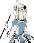  1girl blonde_hair blue_eyes closed_mouth dress gensou_suikoden gensou_suikoden_iii half_updo jewelry looking_at_viewer sarah_(suikoden) short_hair simple_background solo staff weapon white_background 