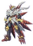  1boy absurdres bandages bangs black_gloves blonde_hair claws clenched_hands digimon digimon_(creature) fingerless_gloves fur_trim gloves helmet highres horns looking_at_viewer ph6xeivbgpimggg rasenmon simple_background solo standing white_background 