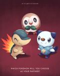  closed_mouth commentary cyndaquil english_commentary english_text fire highres kelvin-trainerk looking_up no_humans oshawott pokemon pokemon_(creature) rowlet smile standing starter_pokemon_trio twitter_username 