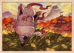  bright_pupils building clouds commentary_request day flower grass hisuian_zorua looking_to_the_side mountain no_humans orange_eyes outdoors pokemon pokemon_(creature) sky solo standing tami_yagi white_pupils 