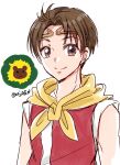  1boy brown_eyes brown_hair circlet closed_mouth gen_(enji) gensou_suikoden gensou_suikoden_ii highres looking_at_viewer male_focus riou_(gensou_suikoden) simple_background smile solo white_background 