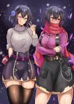  2girls absurdres belt black_legwear black_skirt blush breasts closed_mouth eyebrows_visible_through_hair fire_emblem fire_emblem_heroes grey_sweater heart highres large_breasts looking_at_viewer looking_away morgan_(fire_emblem) morgan_(fire_emblem)_(female) multiple_girls one_eye_closed purple_hair red_eyes red_scarf ribbed_sweater scarf shiny shiny_skin short_hair skirt smile sweater thigh-highs turtleneck turtleneck_sweater v violet_eyes zet_(twt_zet) 