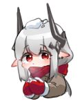 1girl arknights bangs breath brown_coat chibi closed_mouth coat commentary cropped_torso ear_piercing english_commentary eyebrows_visible_through_hair grey_hair hair_between_eyes highres horns long_hair long_sleeves mittens mudrock_(arknights) piercing pointy_ears polyvora red_eyes red_mittens red_scarf scarf simple_background snow_on_head solo upper_body white_background 