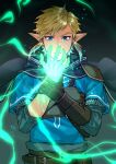  1boy amagosi armor bangs belt blonde_hair blue_eyes blue_tunic brown_gloves chainmail closed_mouth commentary_request energy frown gloves hand_on_own_wrist highres link looking_down male_focus pointy_ears shiny shiny_hair short_hair shoulder_pads single_shoulder_pad solo strap the_legend_of_zelda upper_body 