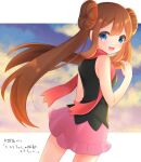 1girl :d bangs bare_arms black_shirt blue_eyes blush breasts brown_hair commentary_request cosplay dawn_(pokemon)_(cosplay) double_bun floating_hair floating_scarf hand_up highres hikari_(pokemon) long_hair looking_at_viewer looking_back open_mouth pink_skirt pokemon pokemon_(game) pokemon_bw2 pokemon_dppt red_scarf rosa_(pokemon) scarf shirt skirt sleeveless sleeveless_shirt smile solo takahara tongue translation_request twintails 