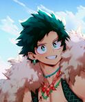  1boy alternate_costume artist_name backlighting blue_sky boku_no_hero_academia chrispplus close-up cosplay costume_switch freckles fur_trim green_eyes green_hair grin highres jewelry male_focus midoriya_izuku pectoral_cleavage pectorals short_hair sky smile solo teeth toned toned_male 