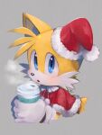  1boy animal_ears animal_nose blue_eyes child coffee commentary_request cub drink food fox_boy furry furry_male gloves hat highres holding holding_drink holding_food looking_at_viewer male_focus misuta710 santa_hat simple_background sonic_(series) tails_(sonic) white_gloves 