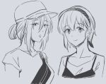  2girls casual collarbone fanny_pack freckles hair_between_eyes hairband hat jewelry monochrome multiple_girls necklace orikuchi_hirata short_hair short_ponytail short_sleeves smile tanaka_mako watashi_ga_motenai_no_wa_dou_kangaetemo_omaera_ga_warui! yoshida_masaki 