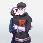  1boy 1girl blush commission crossed_arms english_commentary gabdlc glasses gloves hat highres pokemon pokemon_(game) pokemon_go pokestop team_rocket team_rocket_grunt team_rocket_uniform white_gloves 