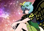  1girl antennae aqua_hair butterfly_wings closed_mouth dress eternity_larva fairy feet_out_of_frame gagamatsu green_dress leaf leaf_on_head multicolored_clothes multicolored_dress one-hour_drawing_challenge orange_eyes short_hair short_sleeves single_strap solo touhou wings 