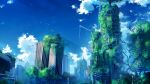  anonamos blue_sky building city cityscape day highres no_humans original outdoors overgrown post-apocalypse ruins scenery sky tree 