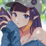  1girl :o badge button_badge hat hololive hololive_english jacket looking_at_viewer mole mole_under_eye ninomae_ina&#039;nis off_shoulder open_mouth pointy_ears purple_hair shiroiko8 tako_(ninomae_ina&#039;nis) violet_eyes 