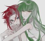  2girls 4hugs_ahll blue_eyes blush c.c. chin_grab code_geass green_hair hug kallen_stadtfeld long_hair looking_away multiple_girls purple_hair short_hair smile white_dress yellow_eyes yuri 