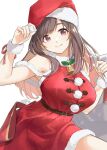  1girl arm_up bare_shoulders breasts brown_hair hat highres large_breasts long_hair looking_at_viewer original pekoni_(peconi) santa_dress santa_hat simple_background smile solo violet_eyes white_background wrist_cuffs 