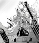  1girl animal_ear_fluff animal_ears armored_vehicle artillery artist_name bangs bow breasts bullet cannon cape circle closed_mouth dress eyebrows_visible_through_hair fate/grand_order fate_(series) floating_hair fox_girl from_below full_body gem greyscale ground_vehicle gun hair_between_eyes hair_bun hat high_heels highres koyanskaya_(fate) long_hair looking_to_the_side machine_gun military military_vehicle monochrome motor_vehicle rabbit_ears revolver ribbon rifle sidelocks solo standing tail tamamo_(fate) tank thigh-highs uhana very_long_hair weapon wristband 