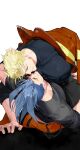  2boys black_shirt blonde_hair blue_hair brown_jacket closed_eyes closed_mouth couple galo_thymos highres jacket kray_foresight male_focus multiple_boys muscular muscular_male pants pectorals promare shirt short_hair sidecut smile spiky_hair white_6606 