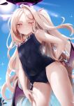  1girl blue_archive blue_sky closed_mouth covered_navel halo hand_on_hip highres hina_(blue_archive) long_hair looking_at_viewer one-piece_swimsuit red_eyes school_swimsuit sky solo standing sun sunlight swimsuit thighs very_long_hair wet wet_clothes wet_swimsuit white_hair wings zasshu 