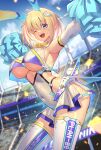  1girl animal_ears armpits bangs blonde_hair blue_eyes blush breasts covered_navel elbow_gloves eyebrows_visible_through_hair from_side gloves highres large_breasts leotard looking_at_viewer one_eye_closed open_mouth original pom_pom_(cheerleading) rabbit_ears short_hair smile solo_focus sophia_f_shirring takamine_nadare thigh-highs thighs under_boob white_gloves white_legwear white_leotard 