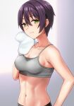  1girl abs black_hair green_eyes hashi looking_at_viewer navel original short_hair solo sports_bra sweat tomboy towel wiping_sweat 