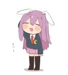  1girl :d animal_ears black_legwear blush_stickers chibi citrus_(place) closed_eyes crescent crescent_pin full_body long_hair necktie pleated_skirt purple_hair rabbit_ears red_necktie reisen_udongein_inaba simple_background skirt smile solo thigh-highs touhou white_background 