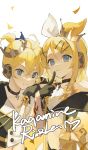  1boy 1girl :3 arm_on_shoulder bangs bass_guitar black_gloves blonde_hair blue_eyes bow character_name collarbone commentary confetti crown finger_to_mouth gloves hair_bow hair_ornament hairclip headphones highres instrument jacket kagamine_len kagamine_rin looking_at_viewer midriff navel pendant_choker ribbon shi_song_guo short_hair short_ponytail smile swept_bangs treble_clef upper_body vocaloid white_background white_bow white_jacket yellow_bow yellow_ribbon 