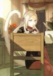 1girl aiguillette animal_ear_fluff animal_ears black_jacket book book_stack cat_ears cat_girl cat_tail chair commentary desk drawer edelgard_von_hresvelg feet_out_of_frame fire_emblem fire_emblem:_three_houses flower gloves hair_ribbon half_updo hands_up high_collar highres indoors jacket kemonomimi_mode light_rays long_hair looking_ahead mouse mueririko on_chair pantyhose plant potted_plant quill red_flower red_legwear ribbon shelf sidelocks silver_hair sitting solo stuffed_animal stuffed_toy sunbeam sunlight surprised tail teddy_bear violet_eyes white_gloves wooden_floor wooden_wall 