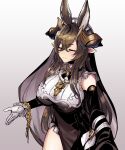  1girl animal_ears asymmetrical_clothes bangs breasts brown_hair closed_mouth detached_sleeves eyebrows_visible_through_hair frilled_sleeves frills galleon_(granblue_fantasy) gloves granblue_fantasy highres horns large_breasts long_hair multicolored_hair outstretched_arms parted_lips pointy_ears sidelocks solo spread_arms streaked_hair tsukinami_kousuke very_long_hair white_gloves 