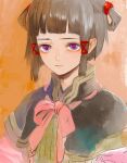  1girl black_hair bow closed_mouth gensou_suikoden gensou_suikoden_v hair_rings looking_at_viewer lyon_(gensou_suikoden) natsuo_(hatohaco) pink_bow ribbon short_hair simple_background solo violet_eyes 