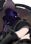  1girl armor armored_leotard ashino_moto ass bangs black_armor black_legwear black_leotard breasts fate/grand_order fate_(series) head-mounted_display highres holding holding_shield large_breasts leotard light_purple_hair mash_kyrielight ortenaus shield short_hair thigh-highs 