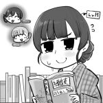  1girl book commentary_request cyama_land double_bun greyscale head_only japanese_clothes kantai_collection kasuga_maru_(kancolle) monochrome reading shin&#039;you_(kancolle) short_hair solo_focus sweat sweating_profusely translation_request upper_body yawata_maru_(kancolle) 