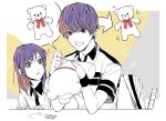  1boy 1girl ^^^ brother_and_sister death_note highres multicolored_hair needle nigelungdayo purple_hair redhead sewing sewing_needle shirt siblings sitting stuffed_animal stuffed_toy t-shirt teddy_bear two-tone_hair yagami_light yagami_sayu 