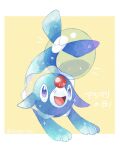  :d border bubble character_name commentary_request kotone11152 looking_up no_humans open_mouth pokemon pokemon_(creature) popplio smile solo tongue twitter_username violet_eyes white_border yellow_background 
