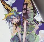  1girl bangs black_dress blue_hair blue_sky butterfly_wings clouds cloudy_sky comiket_95 dress eternity_larva eyebrows_visible_through_hair green_dress hair_between_eyes leaf leaf_on_head looking_to_the_side multicolored_clothes multicolored_dress multicolored_eyes open_mouth orange_eyes orange_sky sample shihou_(g-o-s) short_hair short_sleeves sky smile solo touhou traditional_media violet_eyes wings 