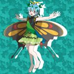  1girl antennae aqua_hair asatsuki_(fgfff) barefoot butterfly_wings dress eternity_larva fairy full_body green_dress hair_between_eyes highres leaf leaf_on_head multicolored_clothes multicolored_dress open_mouth orange_eyes outstretched_arms parody short_hair short_sleeves single_strap smile solo spread_arms style_parody sugimori_ken_(style) teeth touhou upper_teeth wings 